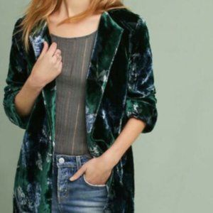 Anthropologie Floral Soft Velvet Green Coat
